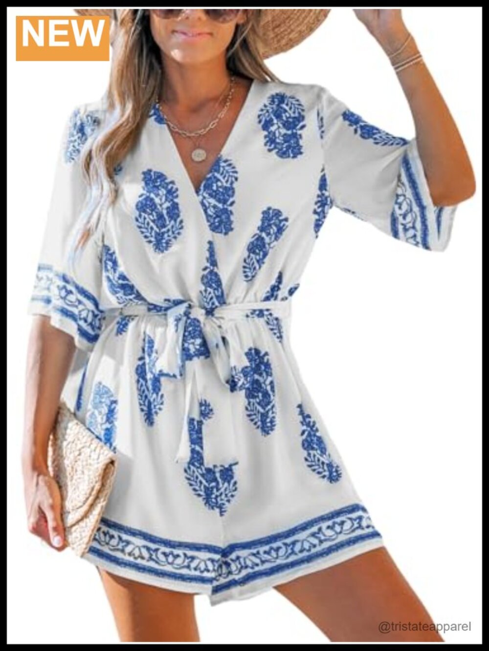 CUPSHE Woven Floral Print V-Neck Short Sleeve Tie Waist Romper Summer
